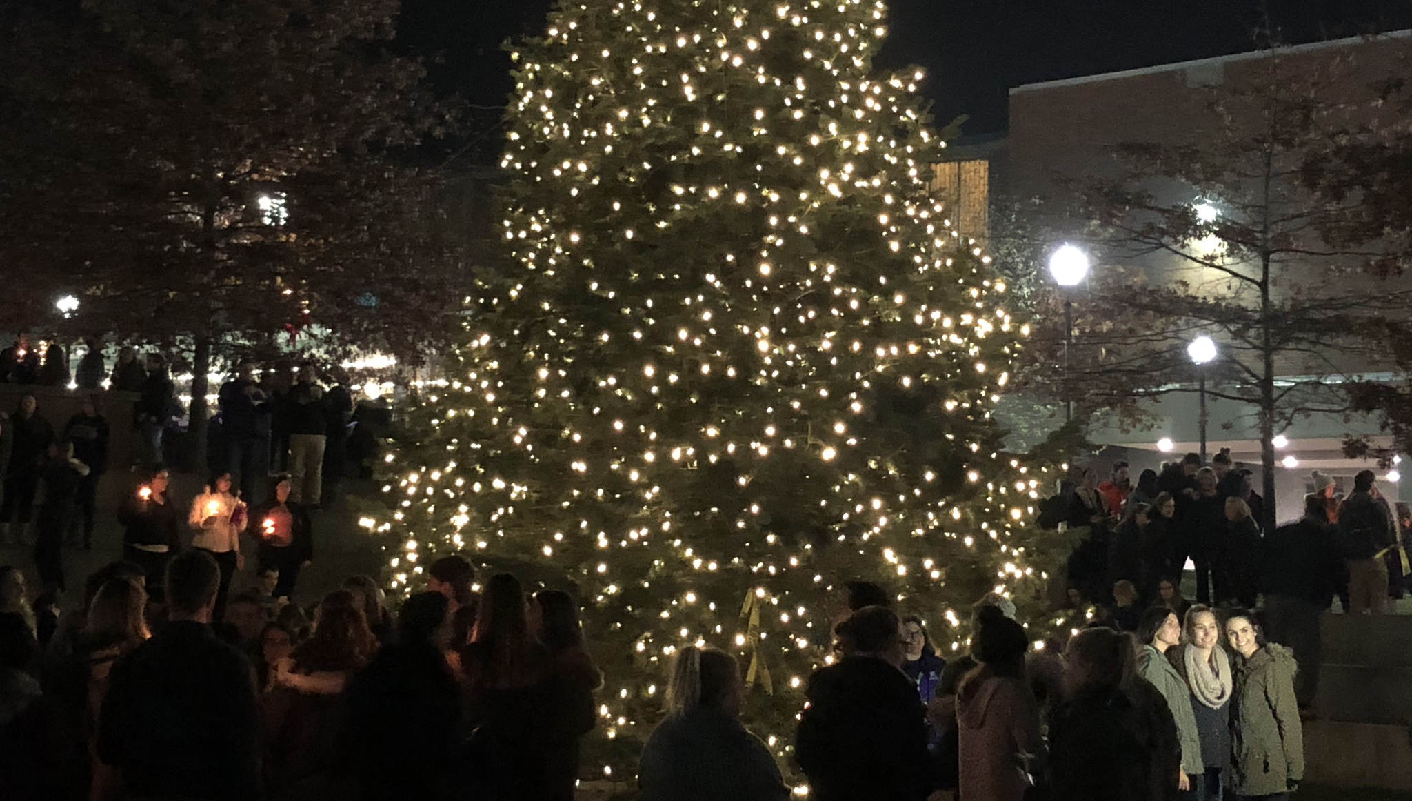 Students, faculty, staff and friends of the University gather at Saturday's Tree Lighting on the Dionne Green.