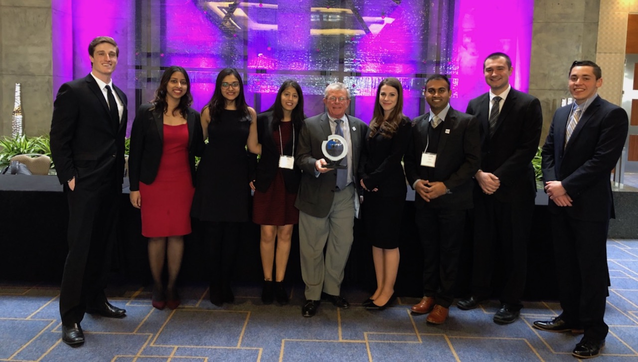 The University of Scranton’s Master in Health Administration (MHA) program received the prestigious Commission on Accreditation of Healthcare Management Education (CAHME)/Canon Award for Sustainability in Healthcare Management Education and Practice at the CAHME Congress, held recently in Chicago. At the ceremony from left are: Scranton MHA students Conor Carroll of Cherry Hill, New Jersey, Arjita Bhargava of Scranton, Neeti Borad of Scranton and Pooja Patel of Ashland, Ohio; Daniel J. West, Ph.D., professor and chair of the Health Administration and Human Resources Department at the University; and Scranton MHA students Kendall Whitehead of Easton, Rohit Baghel of Scranton, Michael Kozlowski of Huntington Station, New York, and Louis Finnerty of Old Forge.