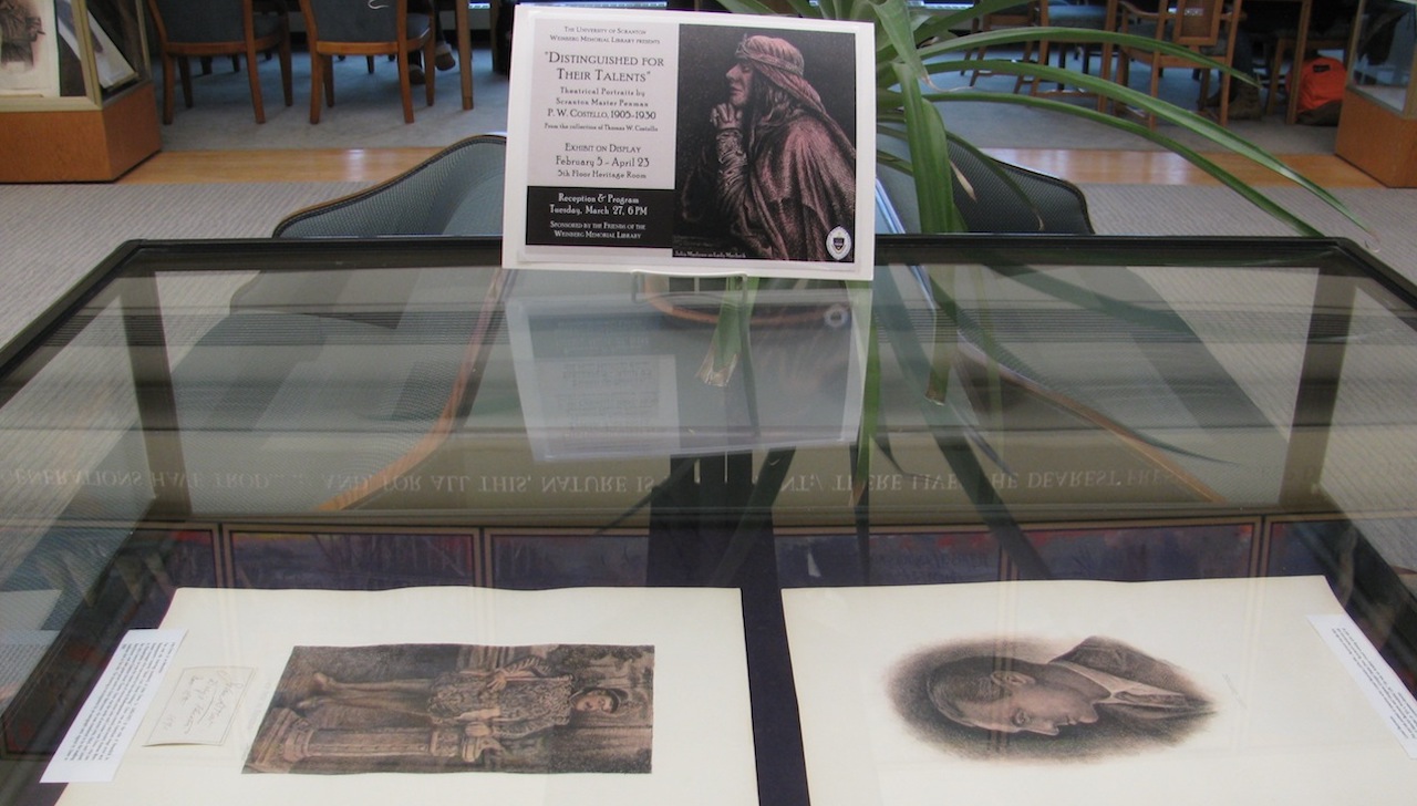 “There is a good cross-sampling of his work across all genres – drama, tragedy, Shakespearian, comedy, histories, music – it’s all represented here. And they’re all unique. There’s different styles, colors, subject matter, poses,” said Thomas Costello, the great-grandson of master penman P.W. Costello, at The University of Scranton’s art exhibit reception for P.W. Costello’s theatrical portraits on display in the Heritage Room of Weinberg Memorial Library. 