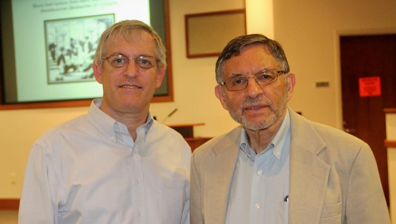 From left, Mark Shapiro, Ph.D., Weinberg Chair of Judaic Studies at The University of Scranton, and Mark Cohen, Ph.D., the Khedouri A. Zilkha professor of Jewish Civilization in the Near East, Emeritus, and professor of Near Eastern Studies, Emeritus, at Princeton University, who presented the Weinberg Judaic Studies Institute spring lecture recently on campus.