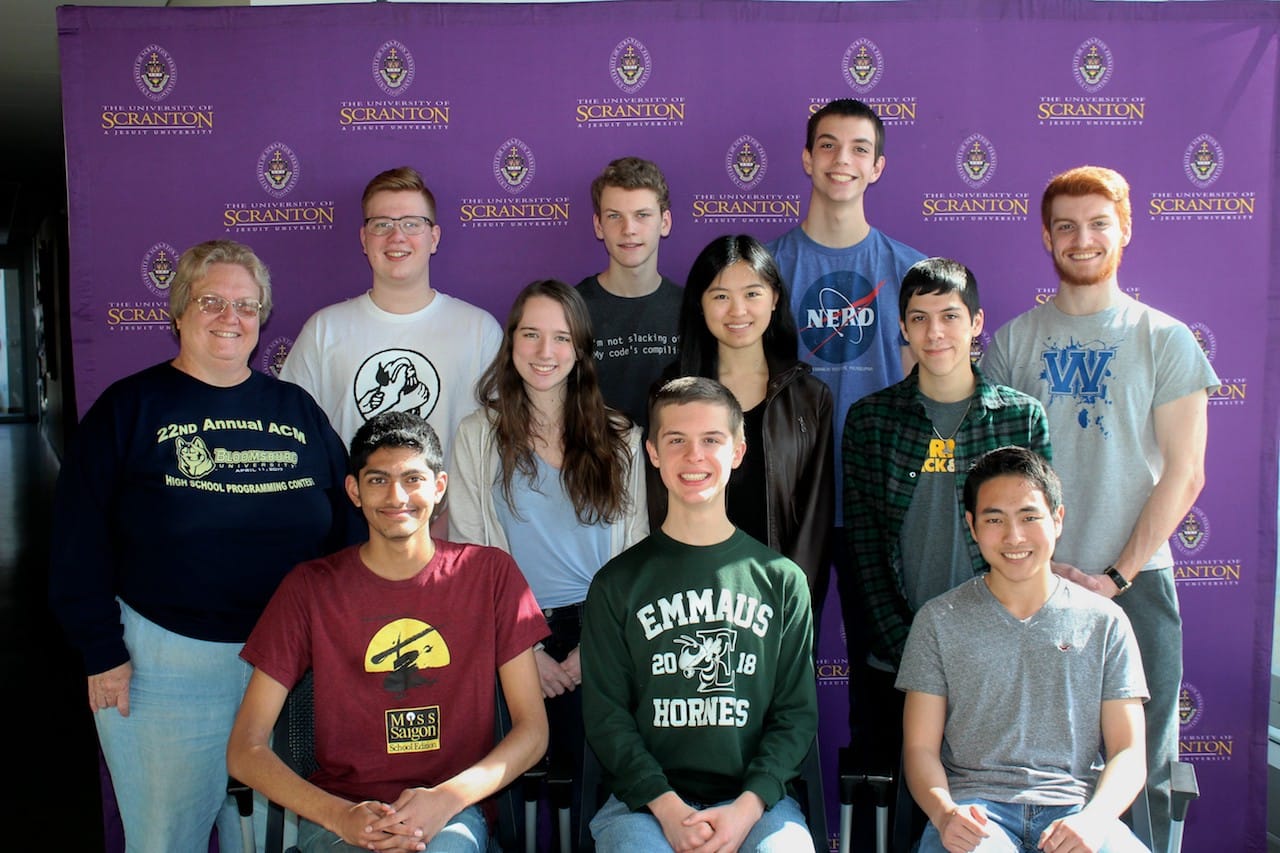 Emmaus High School students participated in The University of Scranton’s annual Computer Programming Contest. Seated in first row, from left: Emmaus High School students Millan Patel, Bradley Klemick and Tien Pham. Second row: Coach Carlen Blackstone; Emmaus students Maggie Lehman, Cindy He and Caleb Torres. Third row: Emmaus students Mika Spangler, Ethan Knode and Nathan Bowler; and Sean McTiernan, Scranton, a sophomore at The University of Scranton majoring in computer science. 