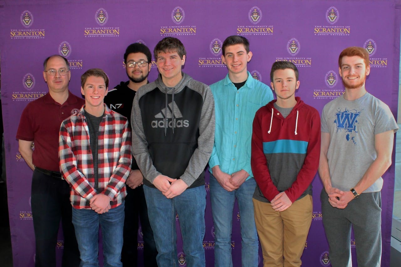Forest City Regional students participated in The University of Scranton’s annual Computer Programming Contest. From left: Jeffrey Earle, coach; Forest City students Riley O’Neill, Joshua Loysch, Matthew Giles, Cameron Brucher and Matthew Tighe; and Sean McTiernan, Scranton, a sophomore at The University of Scranton majoring in computer science. 
