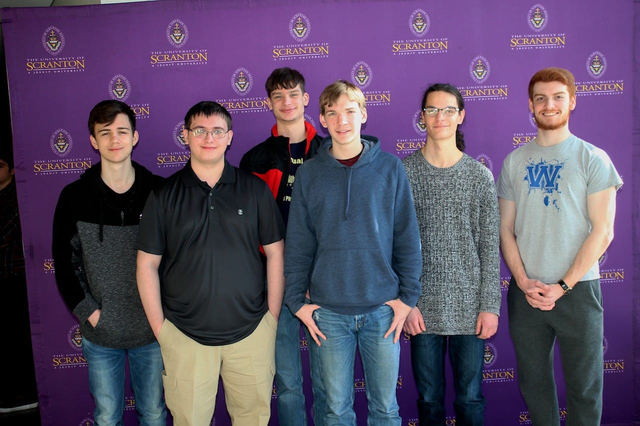 Montrose High School students participated in The University of Scranton’s annual Computer Programming Contest. From left: Montrose students Noah Millard, Donovan Oliver, Caleb Reyes, Zach Oleniacz and Luther Campbell; and Sean McTiernan, Scranton, a sophomore at The University of Scranton majoring in computer science.