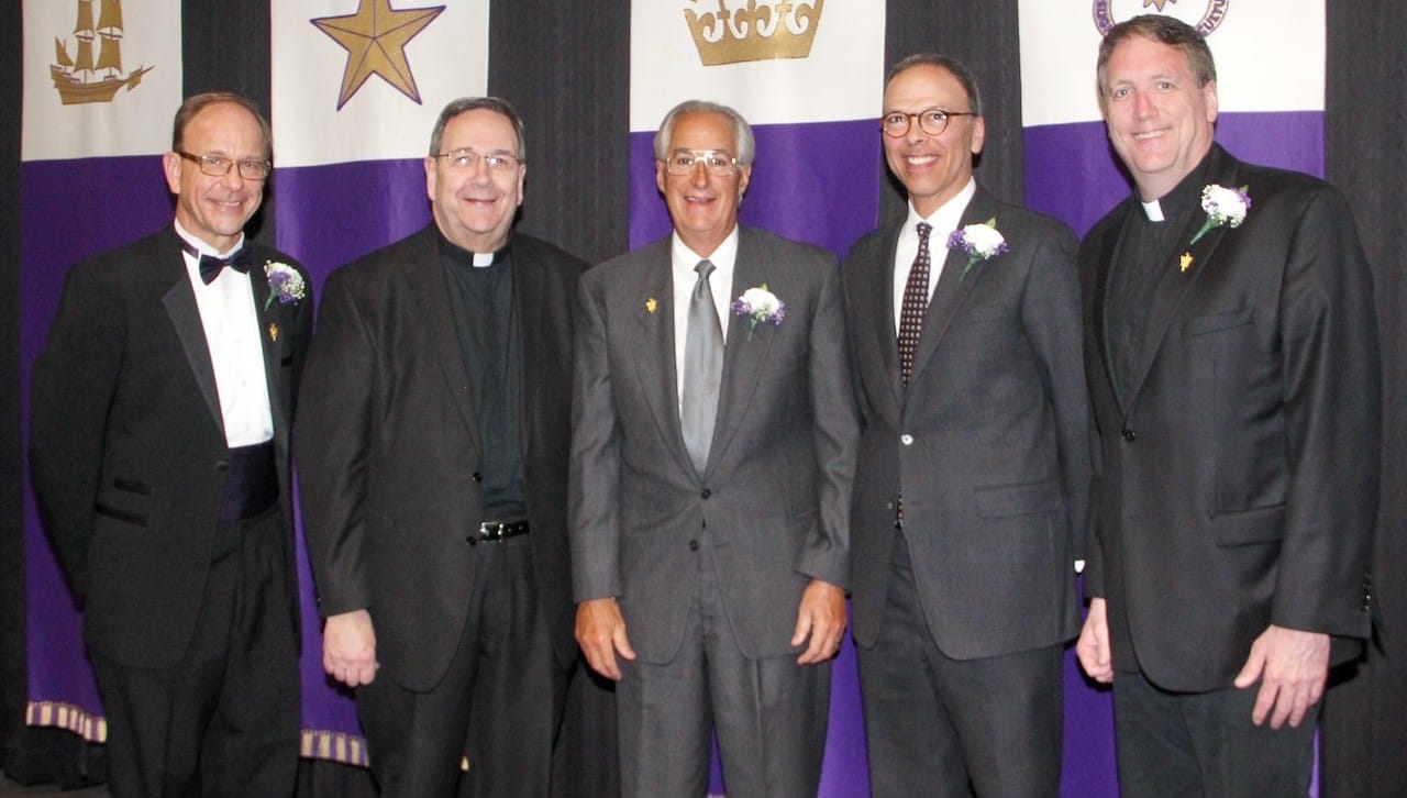 In addition to The University of Scranton students who were inducted into Alpha Sigma Nu, the national honor society for students in Jesuit colleges and universities, two individuals were given honorary inductions into the honor society at a ceremony held recently on campus. From left: Michael Sulzinski, Ph.D., Alpha Sigma Nu moderator and professor of biology at Scranton; Rev. Herbert B. Keller, interim president at Scranton; Alpha Sigma Nu honorary inductees Albert F. Giallorenzi, D.M.D., and Robert B.Farrell, Esq.; and Rev. Patrick Rogers, S.J., executive director of the University’s Jesuit Center and who was an honorary inductee to Alpha Sigma Nu in 2017.