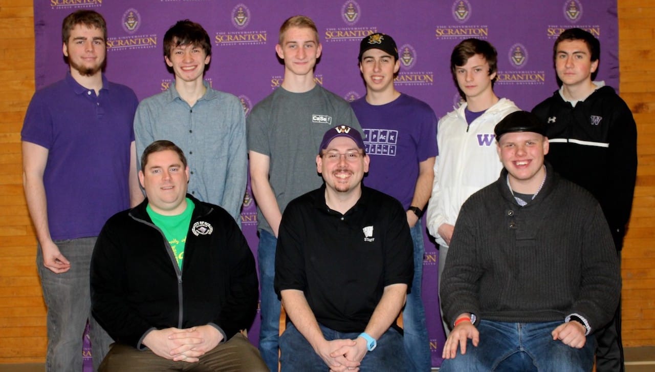 Wallenpaupack Area High School team one won the team competition of The University of Scranton’s annual Hayes Family Science Competition for High School Physics and Engineering Students. Seated, from left: University of Scranton Physics Instructor Nicholas Truncale, coach Ryan Neenan and Aidan Cunningham (first place in individual competition). Standing, from left: Charles Brinsfield (third place in individual competition), Wes Conklin, Chris Higgins, Kyle Landolfi, Tyler Wirth and Thomas Johnson.