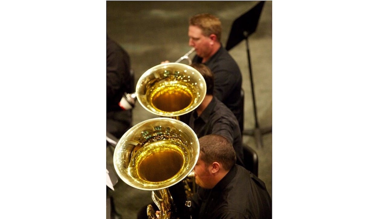 Trumpeter Carl Achhammer and tubaists Ryan Lamoreux and Steve Lakawicz rehearse for the June 17th Scranton Brass Orchestra concert, which begins at 7:30 p.m. at the University’s Houlihan-McLean Center.