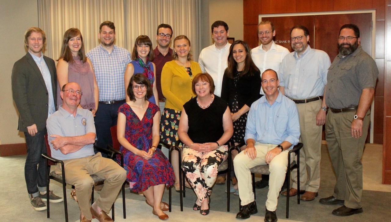 University of Scranton President Scott R. Pilarz, S.J., met with Lilly Fellows Program’s ninth cohort of graduate fellows during their summer conference on campus. The cohort includes University of Scranton graduate and Truman Scholar Sarah Neitz ’12. Seated, from left: Father Pilarz; Neitz; Gretchen Van Dyke, Ph.D., associate professor of political science, the University’s faculty representative to the Lilly Fellows Program who serves mentor for the cohort; and Doug Henry, Ph.D., associate professor of philosophy and acting dean of the honors college at Baylor University, who also serves as mentor for the cohort. Standing are Lilly Fellows Program ninth cohort of graduate fellows: Nicholas Anderson; Rachel Watson; S. Kyle Johnson; Mary Elizabeth Winther; Bruno Cassara; Emily O’Brock; Samuel Hahn; Micaela Kowalski; and Nicholas Sooy; and Joseph Creech and Joseph Goss of the Lilly Fellows Program office.