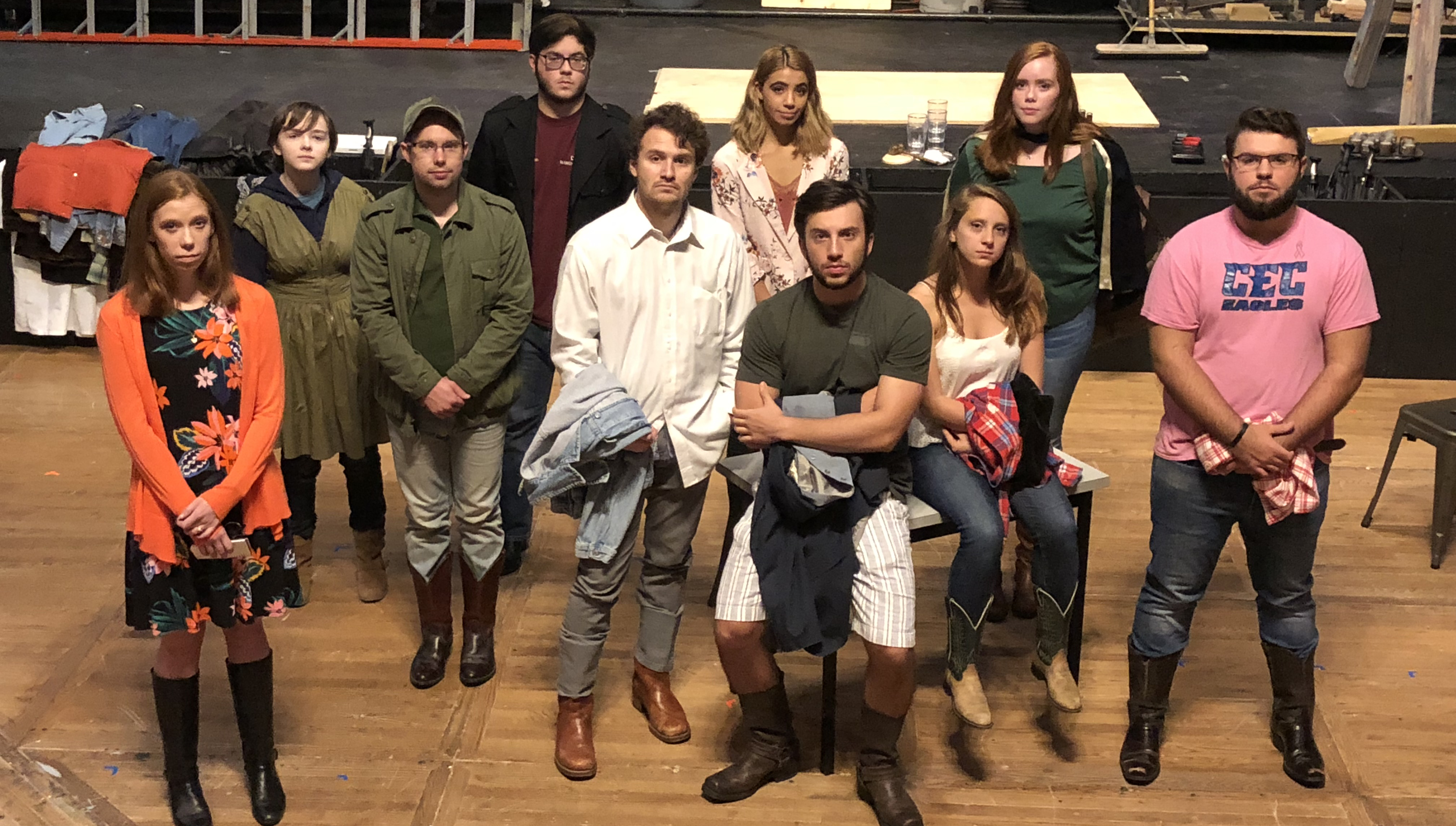 Rehearsing are: Holly Ferrence (orange sweater), Catherine Karpiak (green dress), Jim Shygelski (hat), Matthew Valunas (maroon shirt), Dalton Gorden (white button down), Shaye Santos (pink blazer), Nicholas Yanni (striped shorts), Ali Basalyga (white tank top), Samantha Gurn, and Peter Sims.