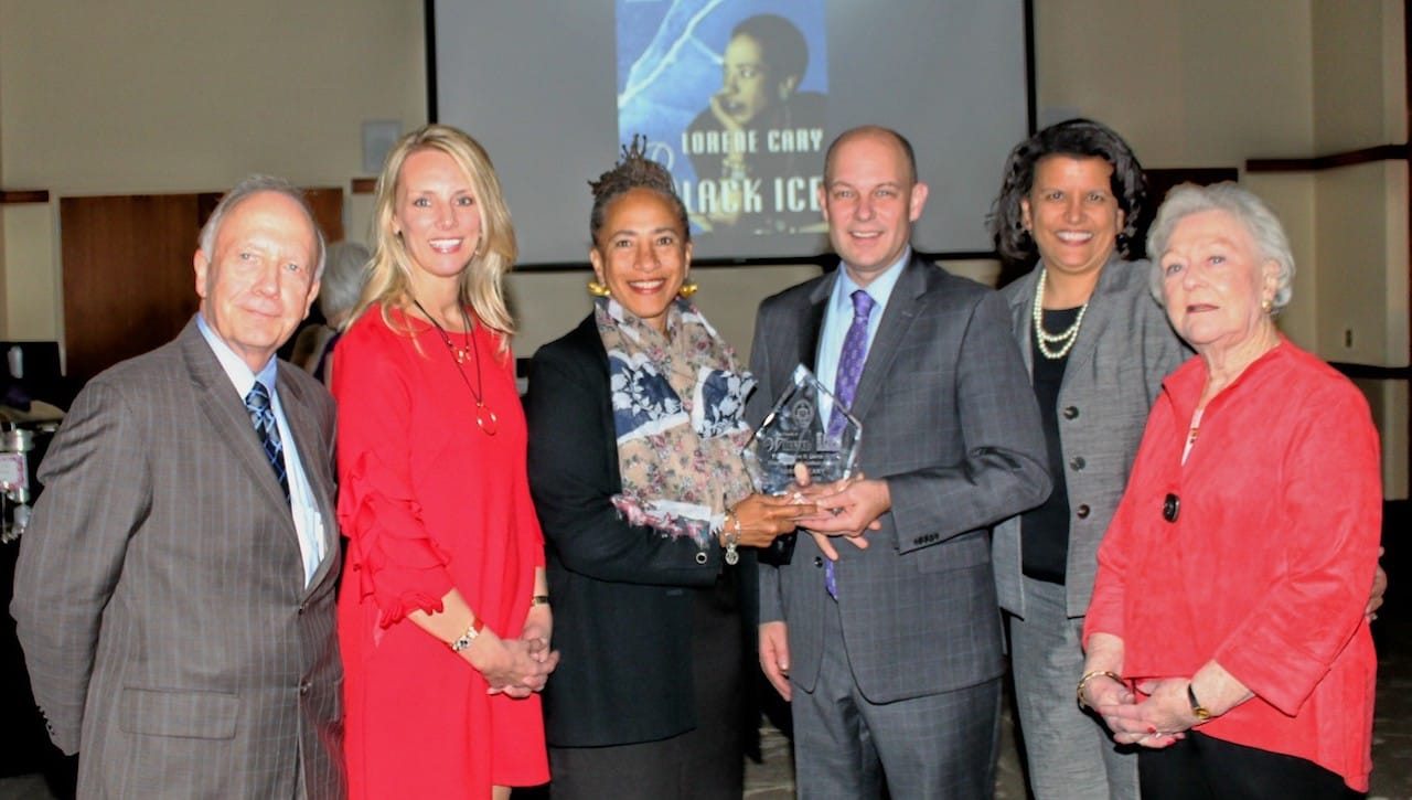 Best-selling author Lorene Cary received the The Royden B. Davis, S.J., Distinguished Author Award from The University of Scranton’s Friends of the Weinberg Memorial Library at a ceremony held recently on campus.From left: Charles Kratz, dean of the library and information fluency at the University; Gretchen Welby, Ph.D., Distinguished Author Award committee chair; Distinguished Author Award recipient Lorene Cary; Jeffrey Gingerich, Ph.D., senior provost and vice president of academic affairs at Scranton, Cathy Ann Hardaway, director of domestic relations for Lackawanna County, and Mary McDonald, president, Friends of the Library.