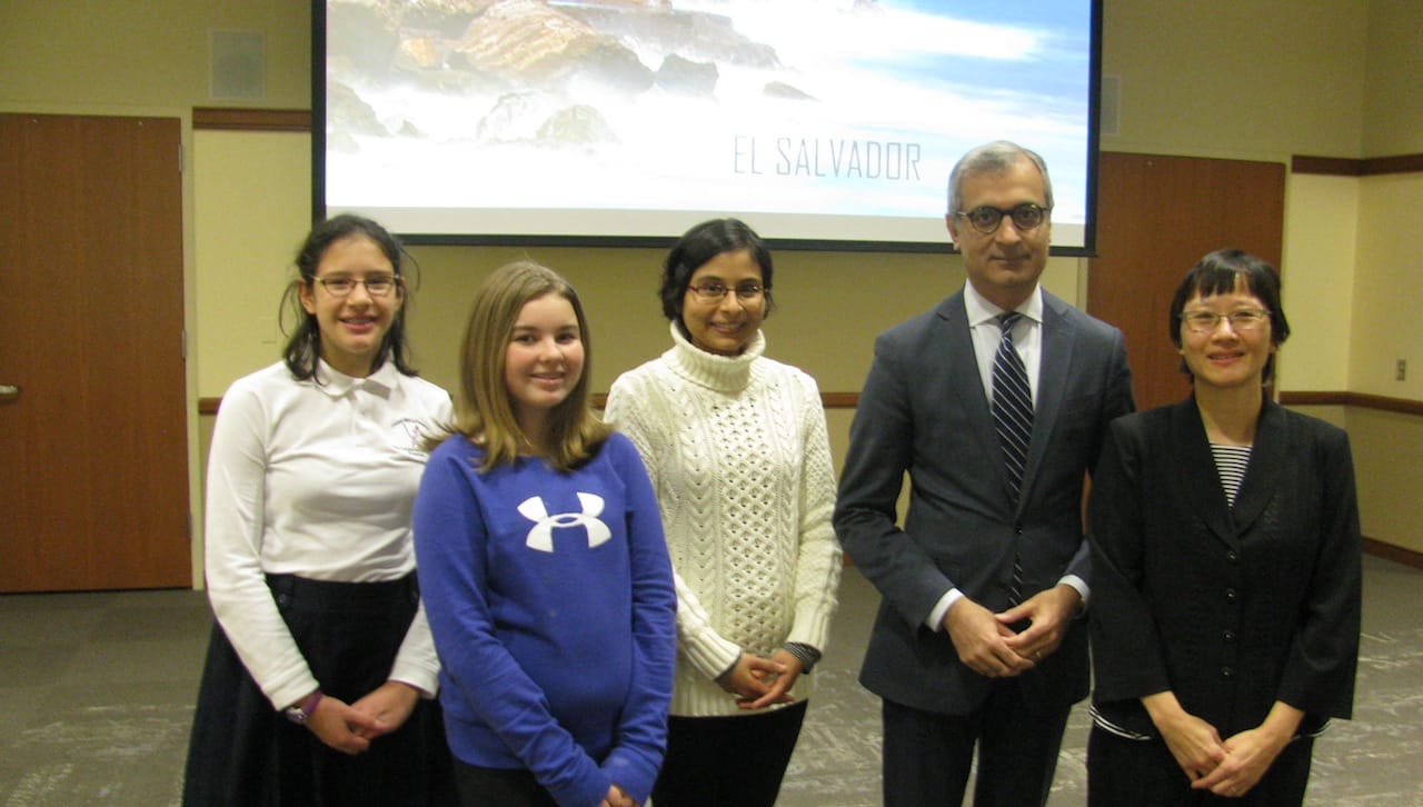 University of Scranton international graduate student Ingrid Maria Serrano Bran discussed El Salvador with elementary and middle school students from Howard Gardner MI Charter School and The Lutheran Academy as part of the University’s International Education Week programming. From left are: Rachel Bonebrake, Jefferson Township, a seventh-grade student at the Lutheran Academy; Keira Evans, Scranton, an eighth-grade student at Howard Gardner School; Serrano Bran; Sunil Ahuja, Ph.D., associate provost for academic affairs at Scranton; and Huey Shi Chew, director of the University’s international student and scholar services.