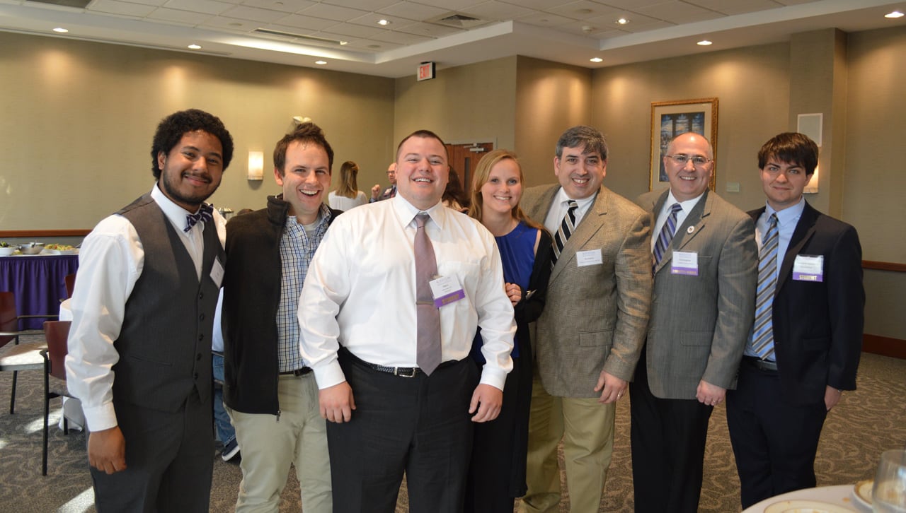 From left: Kyle Greaves '14, Joseph Butash, M.D. '07, Marc Incitti '14, Sara Chapin '16, Domenic W. Casablanca, M.D. '89, Christopher Andres, M.D. '89 and Christopher Karnicki '16 enjoy a moment together at the Medical Alumni Symposium 2016.