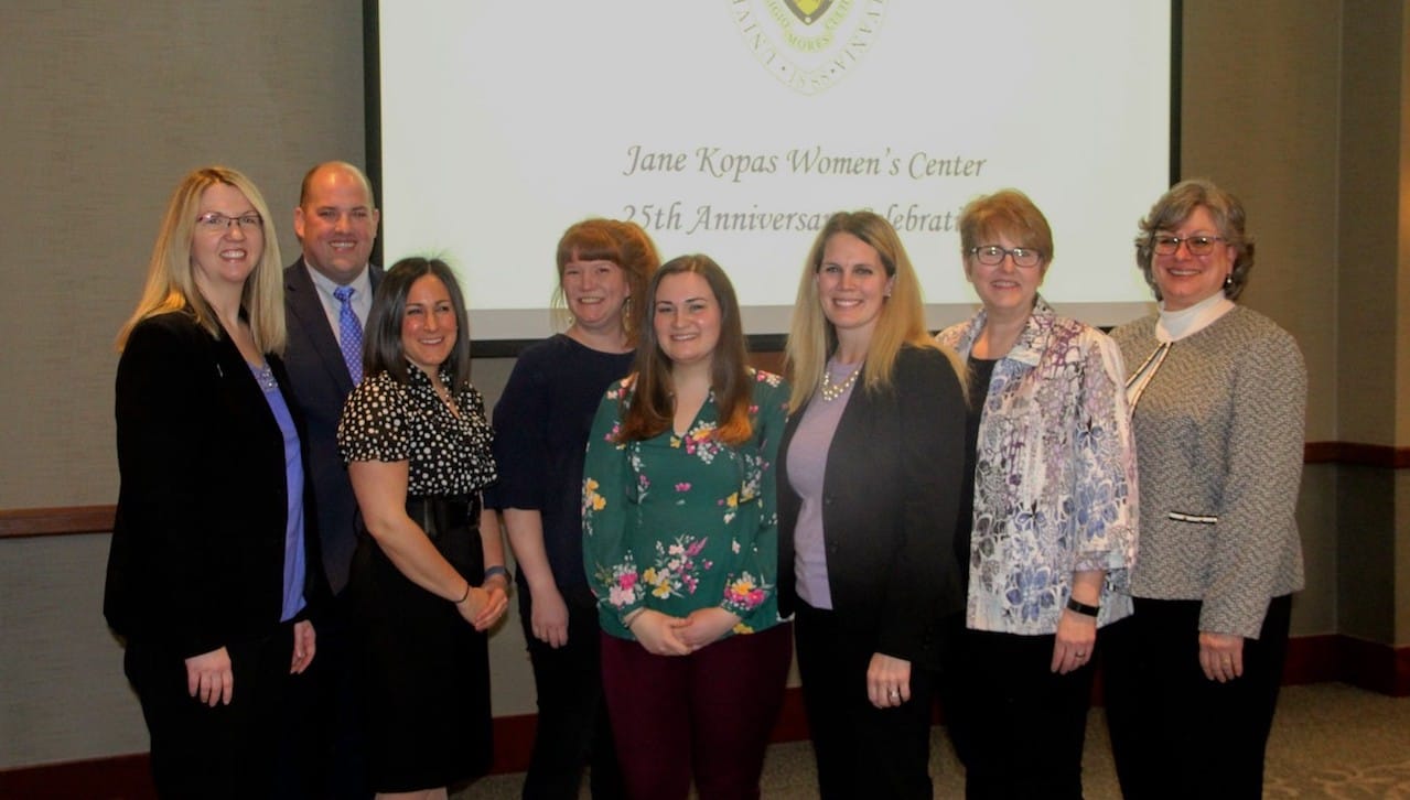 The University of Scranton celebrated the 25th Anniversary of the Jane Kopas Women’s Center at a luncheon held on campus in March. From left are: Anitra McShea, Ph.D., associate vice president for student life; Robert W. Davis Jr., Ed.D., vice president for student life; Maria R. Marinucci, director of the Cross Cultural Centers; University graduate Amy McKiernan, program speaker; University alumna and current graduate student Megan Barr, program speaker; Lauren S. Rivera, J.D., assistant vice president for student life and dean of students; Gerianne Barber, director of the Counselor Training Center and recipient of the Legacy Award; and Jean Wahl Harris, Ph. D., professor of political science and director of thewomen’s and gender studies program, who served as the keynote speaker.