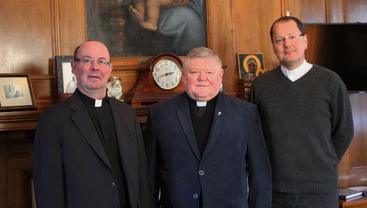 The nearly 30-year relationship between The University of Scranton’s Panuska College of Professional Studies’ Health Administration Program and St. Elizabeth University of Health and Social Work and Trnava University, Slovak Republic, has resulted in numerous faculty and student exchanges that have benefited both the education of health care providers and the care of patients across the globe.From left, University of Scranton President Rev. Scott R. Pilarz, S.J., met with Most Reverend Viliam Judak, Bishop of the Diocese of Nitra, Slovak Republic, and Monsignor Martin Stofko, Diocese of Nitra, Slovak Republic, during a recent visit to Scranton.