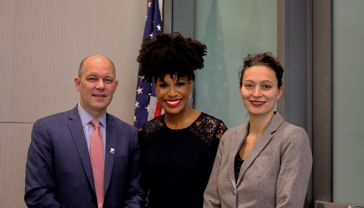 Nicole Young, “60 Minutes” producer, Emmy Award winner and graduate of The University of Scranton’s Class of 2000, discussed “Our Daily Bread: Child Hunger Here and Around the Globe” at University’s Spring Community Breakfast on April 2 on campus. From left are: Jeff Gingerich, Ph.D., provost and senior vice president for academic affairs; Young; and Julie Schumacher Cohen, director of community and government relation.