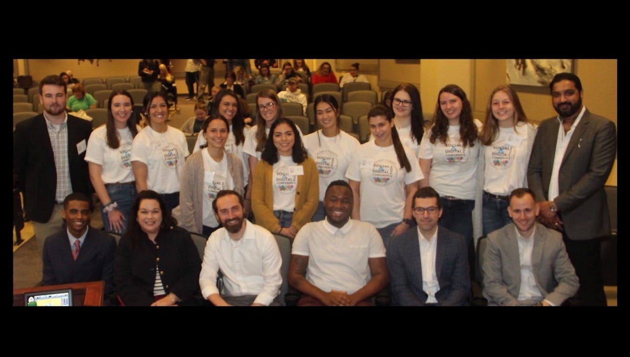 The University of Scranton Department of Communication and Media hosted the inaugural Social and Digital Media Conference on April 30. The conference was organized by fifteen students in the Events Management course offered through the Department of Communication. From left, first row, are conference speakers: Dorien Russell from Barneys New York; Christina Hitchcock from It is a Keeper Blog; Jon Silver from Golin New York; Henry Grant from Tierney Philadelphia; Scranton alumnus Eddie Ravert from Tierney Philadelphia; and Scranton alumnus Peter McManus from The Door New York. Standing from left are University students: Brian Lavin, Babylon, New York; Jillian Wall, Oxford, New Jersey; Julia Gantz, Havertown; Anna Pucci (gray sweater), Wilton, Connecticut; Jaqueline Brunner, Verona, New Jersey; Lauren Gallagher (glasses), Mahwah, New Jersey; Sabrina Olivo (tan sweater), Long Pond; Laura Riemer, Landsdale; Gabriella Basile, Oceanside, New York; Bri Baran, Hatboro; Victoria Pennington, West Wyoming; and Abigale Sutton, Clarks Summit; and Sufyan Mohammed, Ph.D., associate professor of communication. Absent from the photo were conference speakers Ryan Leckey, WNEP, and Kevin Teel, Pocono Raceways.