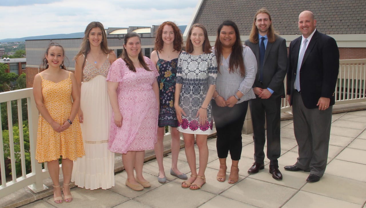 Members of The University of Scranton’s class of 2019 who volunteered for long-term service projects gathered for a reception during commencement weekend. From left: Caitlin S. Torrico, Belen Fresno Caturla, Danielle Frances Saranchak, Angela Coen, Jennifer Anne-Marie Gold, Marjorie Jasmine Sales Carl, Erik S. Ridley, and Robert W. Davis Jr., Ed.D., vice president for student life.