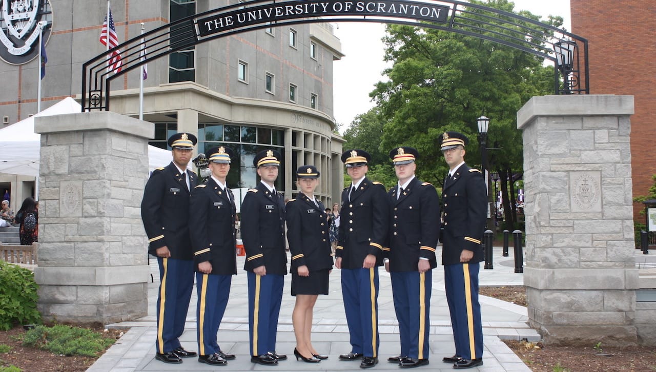 Seven 2019 ROTC graduates from area colleges, including six from The University of Scranton, were commissioned as second lieutenants in the U.S. Army during a ceremony held on Scranton’s campus in May. From left: 2nd Lt. Jibrael A. Robertson, 2nd Lt. Jason R. Palauskas, 2nd Lt. Craig Serfass, 2nd Lt. Taylor Anne Nehlig, 2nd Lt. Logan A. Pisciotti, 2nd Lt. Derek Fisher and 2nd Lt. Owen David Drozd.