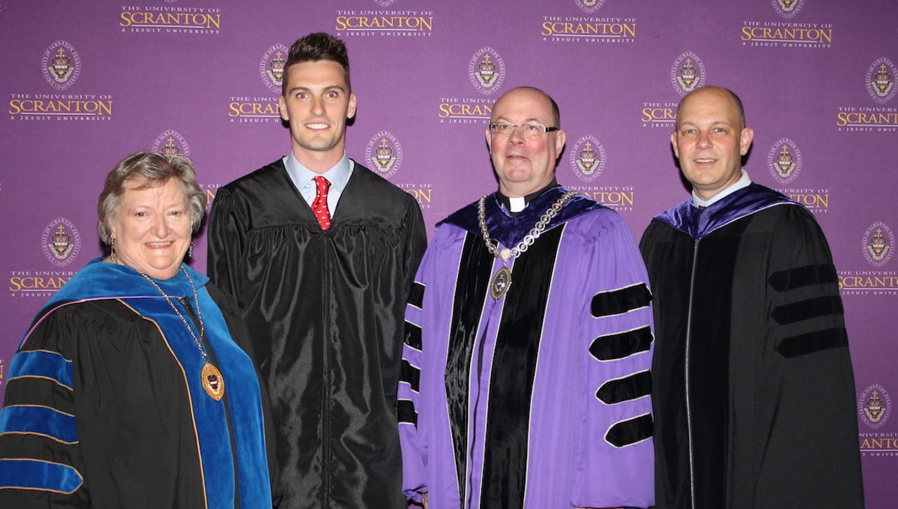 Thomas Gerald McGinley, (second from right) a member of The University of Scranton’s class of 2019, received a highly-selective Fulbright Award to Finland for the 2019-2020 academic year. He is pictured with, from left, Susan Trussler, Ph.D., Fulbright advisor and associate professor of economics and finance at the University, and University of Scranton President Rev. Scott R. Pilarz, S.J., and Jeff Gingerich, Ph.D., provost and senior vice president for academic affairs.