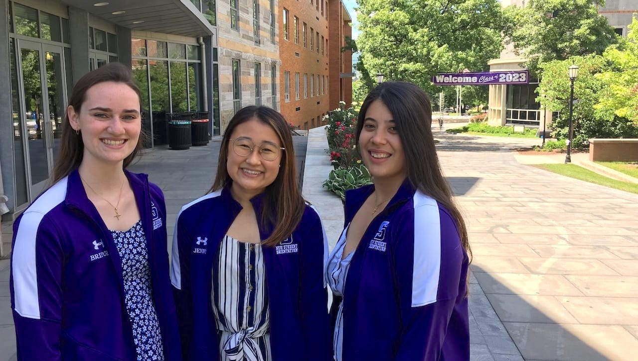 Two-day summer orientation sessions for students, parents and guardians of The University of Scranton’s class of 2023 began June 17-18 and will continue June 20-21, 24-25 and 27-28. From left: student orientation leaders Bridget Pynn, a junior occupational therapy major; Jenny Kim, a senior occupational therapy major; and Nathalie Cespedes, a junior counseling and human services major.