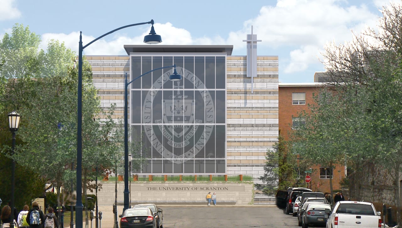 The University of Scranton will update the façade of St. Thomas Hall that faces Linden Street with a modern design that features a glass wall with the University’s seal and a blend of locally quarried stone.