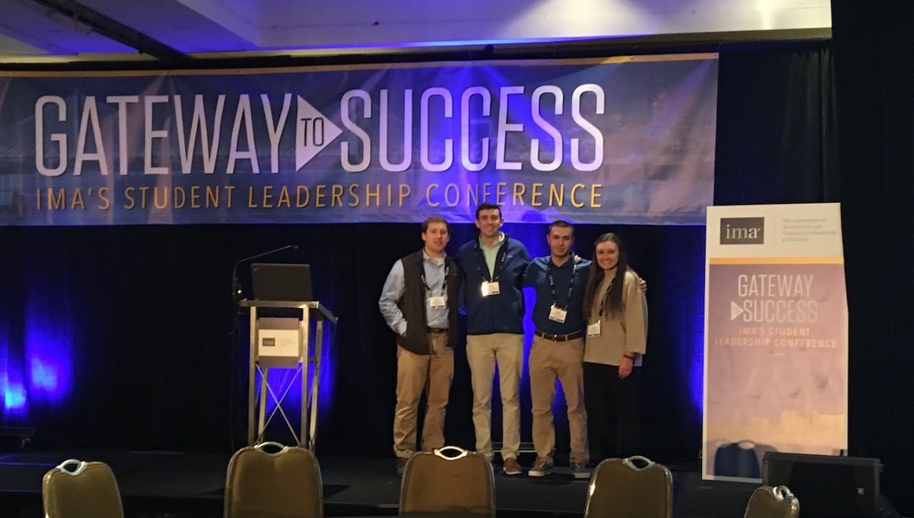 The Institute of Management Accountants (IMA) named the University’s student chapter as one of just five Outstanding Student Chapters in the nation for the 2018-2019 academic year. At IMA’s 2018 student leadership conference are, from left, officers of the University’s IMA student chapter: Kyle Ascher, vice president; Kyle Hayes, president; Nicholas Constantinou, treasurer; and Nicole D’Alessandro of Warminster, secretary.