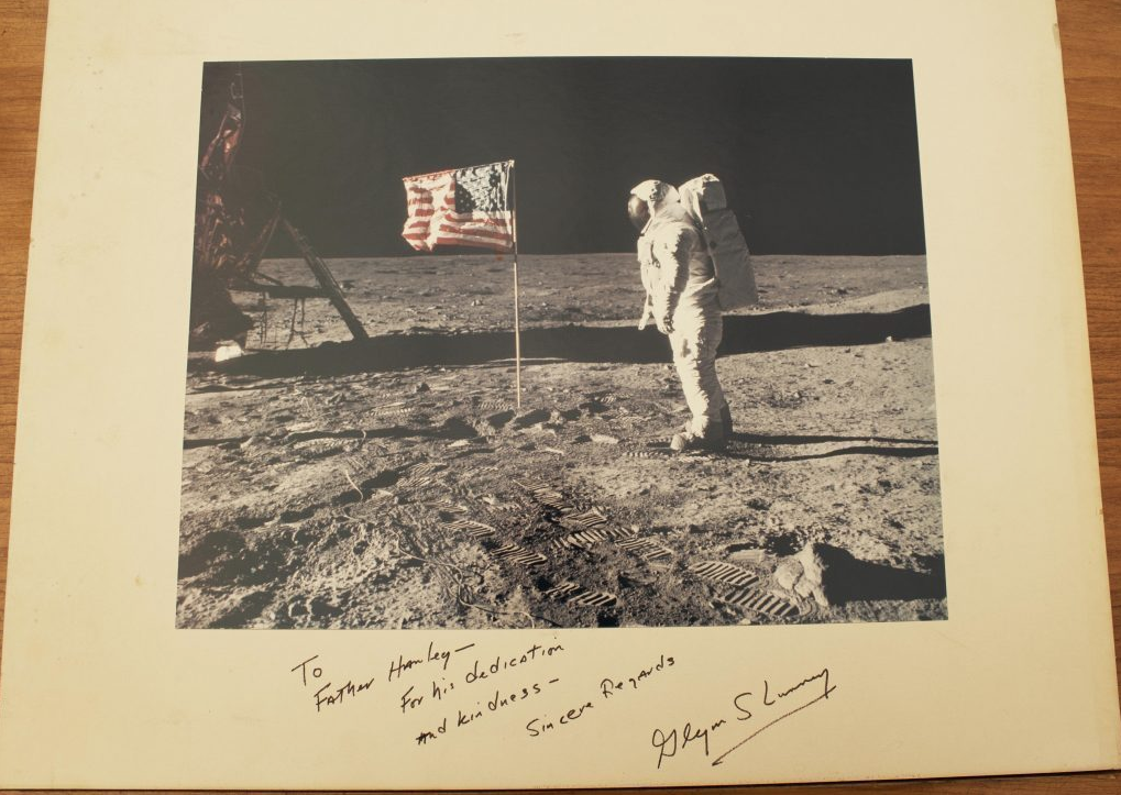 Apollo 11 Moon Landing Photograph Signed by Glynn S. Lunney for Rev. Dexter Hanley, S.J. 