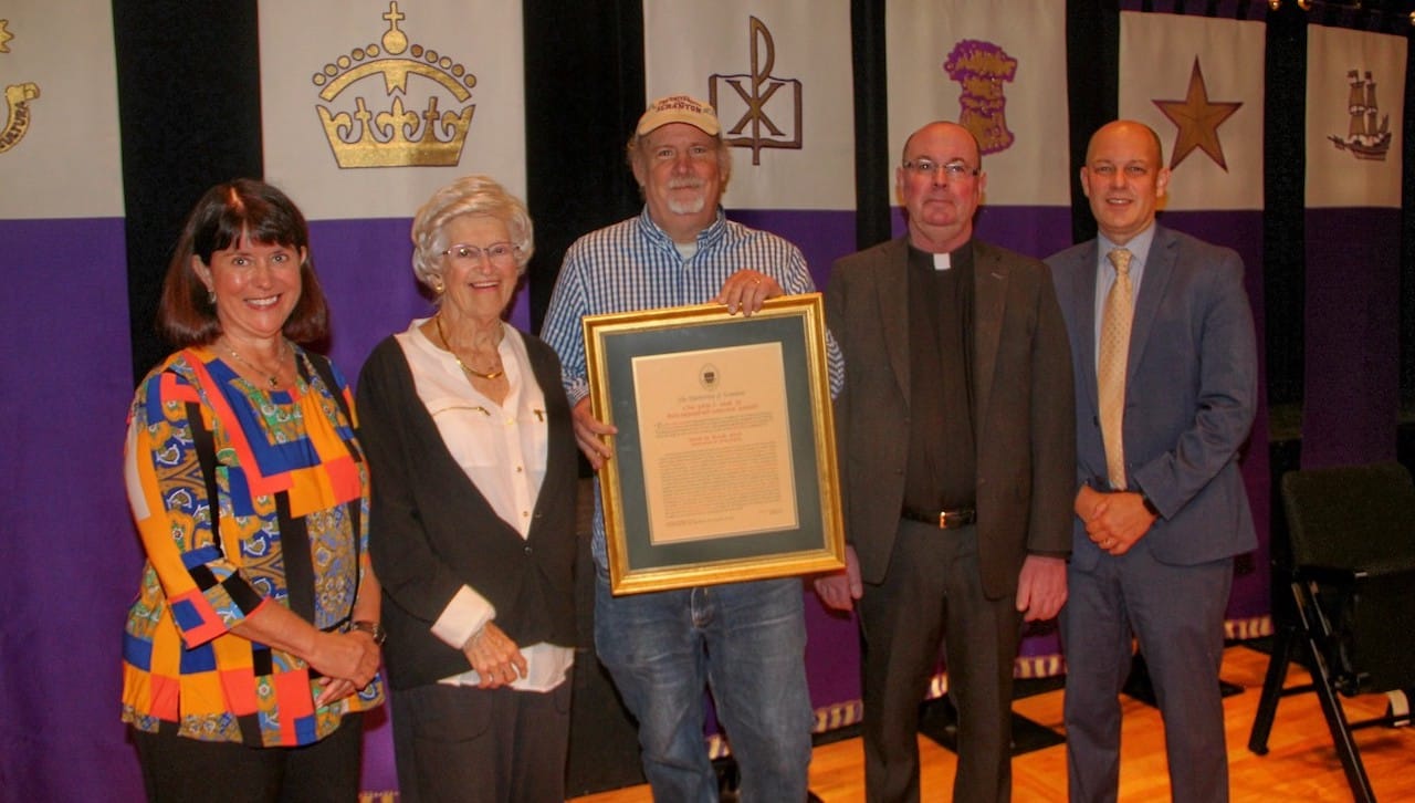 At the presentation of The University of Scranton’s John L. Earl III Award to David Black, Ph.D., professor of philosophy, are, from left: Karen Earl Kolon, M.D. ’85, daughter of the late John Earl; Pauline Earl, wife of the late John Earl; Dr. Black; Rev. Scott R. Pilarz, S.J., president; and Jeff Gingerich, Ph.D., provost and senior vice president for academic affairs.