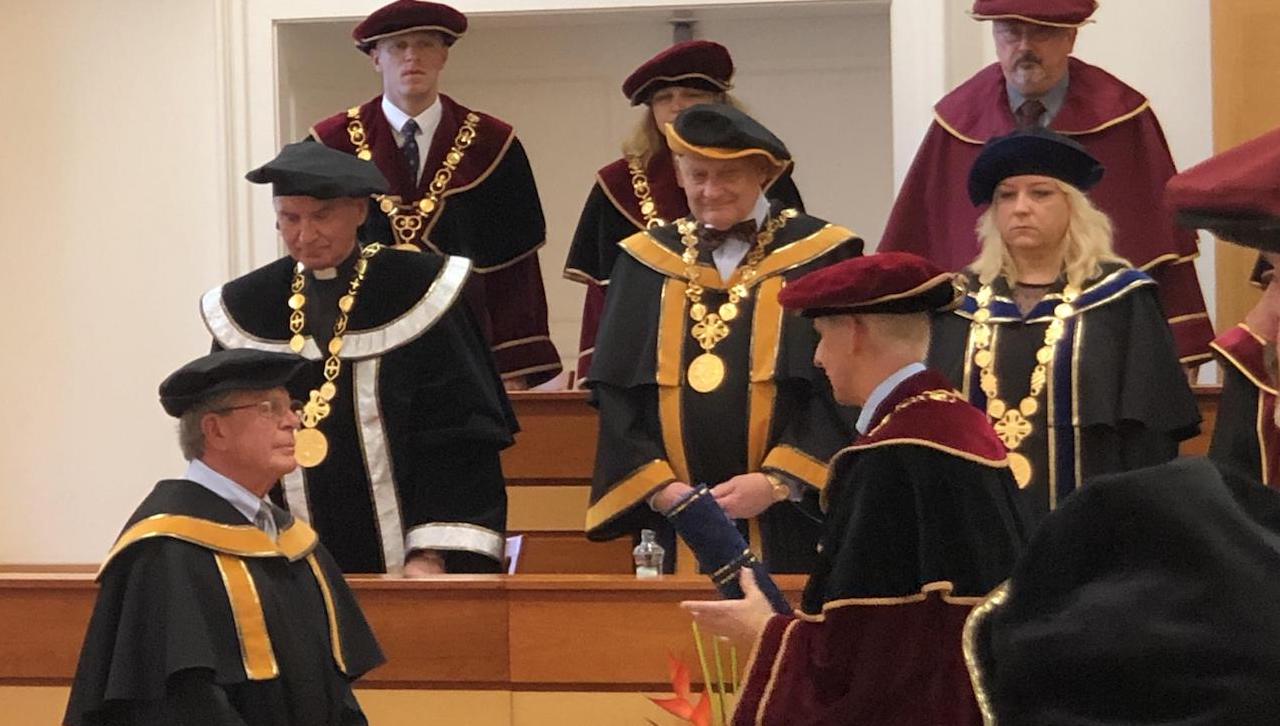 Daniel J. West, Ph.D., professor and chair of the Health Administration and Human Resources Department, was recently awarded an honorary doctorate degree (Dr.h.c.) from Trnava University, Slovakia.