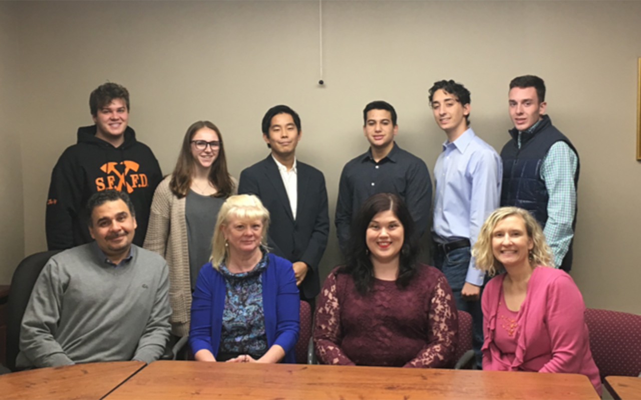 (From left) Back row: Liam Pietraszewski, Advertising major, ‘21, Erika Witt, Social Media and Strategic Communication major, ‘22, Kiego Saito, Entrepreneurship major, ‘20, Alex Pugliese, Entrepreneurship major, ‘22, Brendan Cox major, Entrepreneurship, ‘23, and Emmanuel Bisono, Entrepreneurship major, ‘23.Front row: Dr. Ahmed Gomaa, The University of Scranton, Donna Sedor, The Arc of Luzerne County, Stephanie Longo, Greater Scranton Chamber of Commerce, Dr. Stacy Smulowitz, The University of Scranton