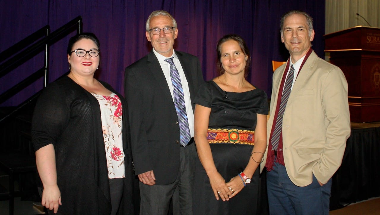 Stephanie Saldaña, the author of “The Bread of Angels: A Journey to Love and Faith,” presented the Ignatian Values in Action Lecture at The University of Scranton on Sept. 19. Her book, The Bread of Angels, was part of the class of 2023 Royal Reads Program. From left: Julee Meketa, assistant dean of the College of Arts and Sciences; Brian Conniff, Ph.D., dean of the College of Arts and Sciences; Saldaña and Christian Krokus, Ph.D., associate professor and chair of the Theology/Religious Studies Department.