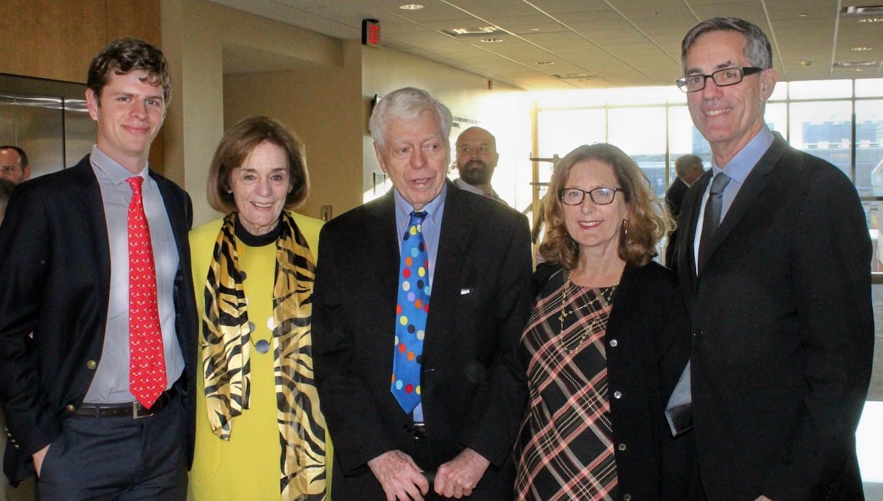 The University of Scranton established The Sondra H’87 and Morey Myers H’12 Distinguished Fellowship in the Humanities and Civic Engagement. At the formal announcement are members of the Myers family, from left: Sam Myers, grandson of Sondra and Morey Myers; Sondra Myers and Morey Myers; their daughter-in law, Nomi Stolzenberg, and their son, David N. Myers, Ph.D.