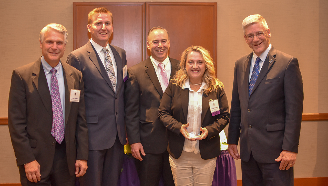 From left, University Police Chief Donald Bergmann, Cocciardi and Associates, Inc. representatives Mike Baltrusaitis, Rocco DiPietro and Jennifer Macknosky and University Senior Vice President for Finance & Administration Ed Steinmetz Jr., CPA '81, G'98 enjoy a moment together at the Business Partner Appreciation Dinner.