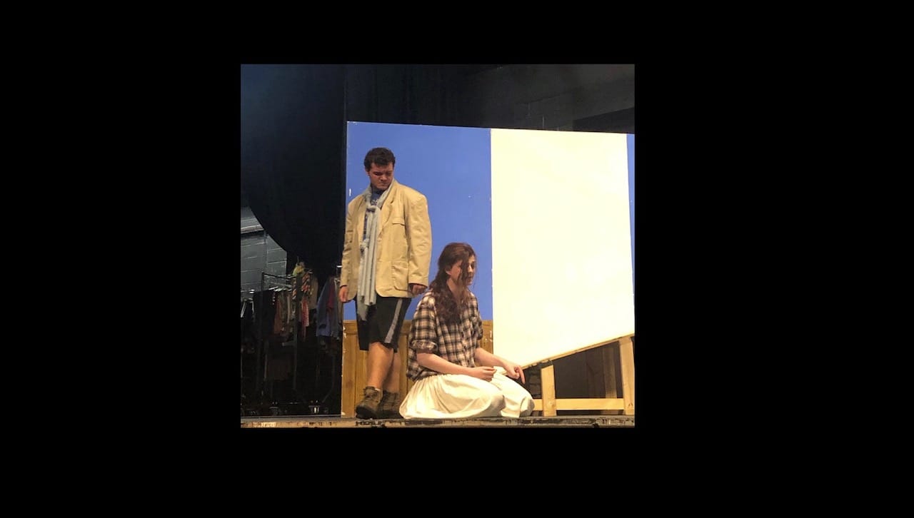 Four University of Scranton Players were recognized by the Kennedy Center American College Theatre Festival for their roles in “Antigone,” including, from left, Andrew Vizzard and April Sparks seen here rehearsing a scene from the fall semester production of “Antigone.”
