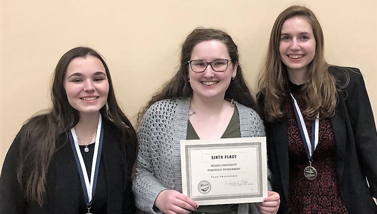 Three University of Scranton students won medals at two competitive, collegiate forensic tournaments, which took place in the February. From left are: Kyra Krzywicki, Caitlin Connallon and Sarah Hazelrigg.