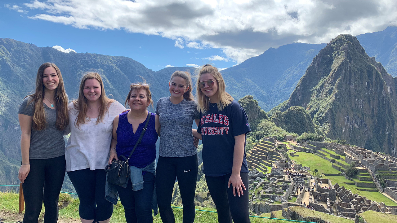 Taken at Machu Picchu, from left: Nicole McDonnell ’20, Lexi Andrews ’20, Professor Julia Guzman, Brianna Strussle ’20, Danielle Desseyn ’20.