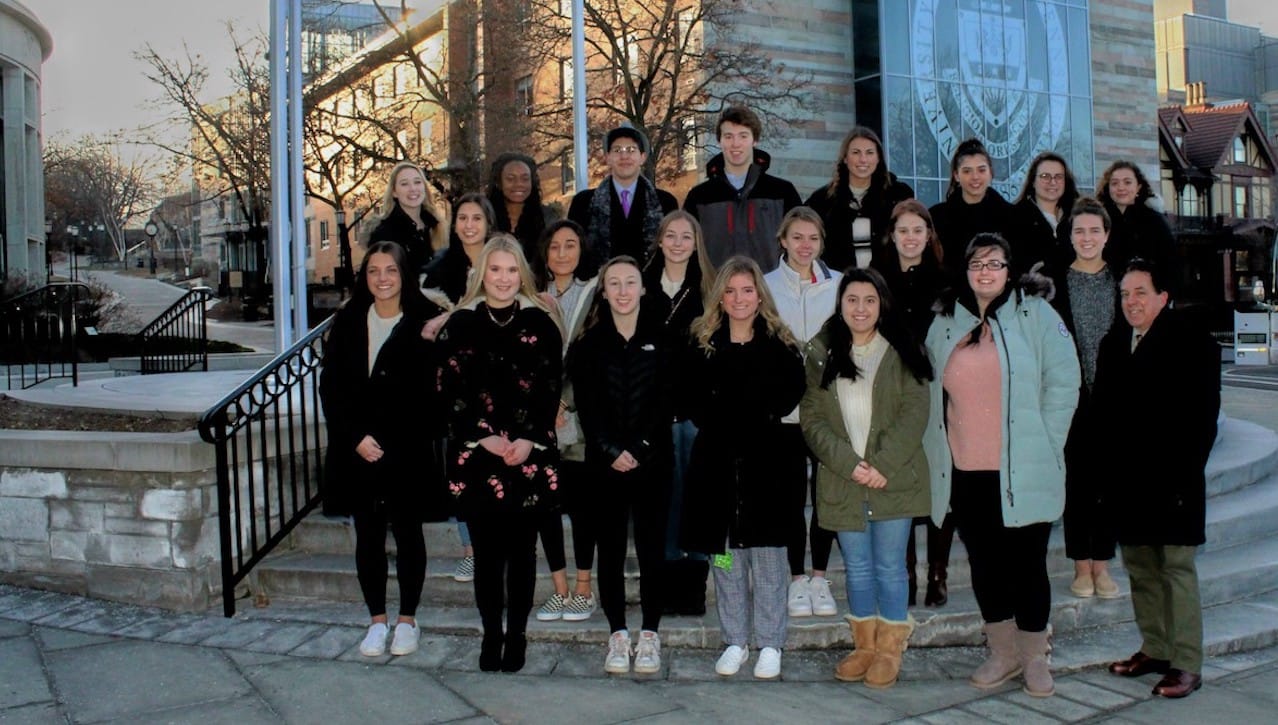 University of Scranton students volunteered to serve as judges for the Pennsylvania Junior Academy of Science regional competition in February. First row, from left: Kira Treitz, Katelyn Thomas, Morgan Hakes, LilyAnn Stevens, Daniella Gomes, Kelsey Schatz and professor Glenn Pettinato. Second row: Olivia Diana, Danielle Scotto, Madison Improta, Julia Braito, Adeline Keefer and Maeve Seymour. Top row: Mary Delia, Naomie Felix, Devon Robinson, Ryan Padgett, Anna DeLauro, Karissa Bove, Dominique Preate and Kaylee Lopez.