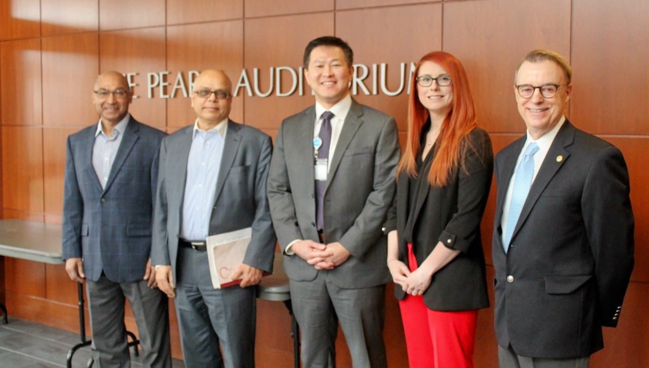 Students participating in The University of Scranton’s Business Leadership Honors Program met with Jaewon Ryu, M.D., president and CEO of Geisinger, in February. From left: Murli Rajan, Ph.D., associate dean of the Kania School of Management; Sam Beldona, Ph.D., dean of the Kania School of Management; Dr. Ryu; Ashley L. Stampone, faculty specialist in the Accounting Department; and Robert McKeage, Ph.D., associate professor of management and director of the University’s Business Leadership Honors Program.