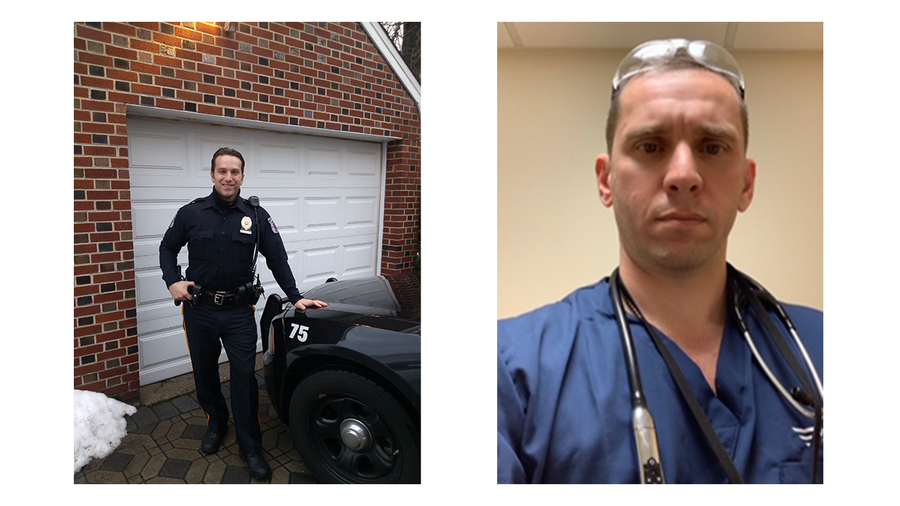 From left: James Kompany '95, a police officer in Roselle Park, New Jersey, and Vincent Carsillo '95, a physician whose internal medicine and nephrology practice is taking on COVID patients in Albany, New York. 