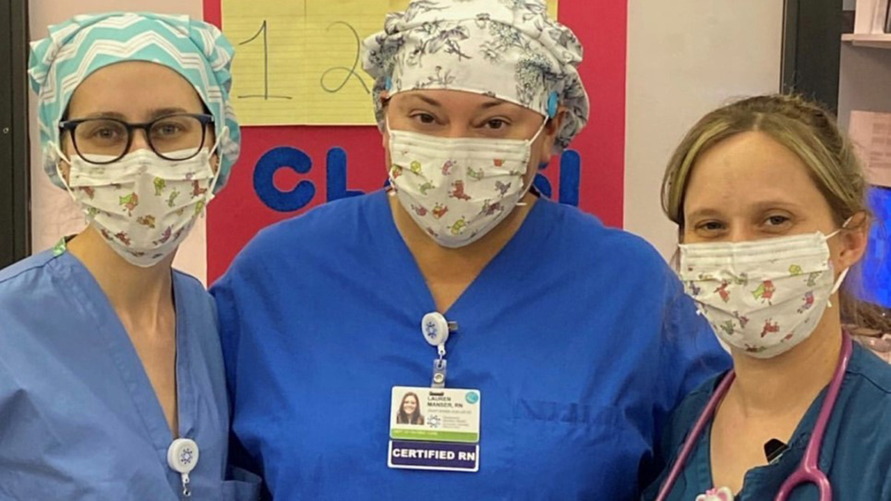 Pictured: Laura Parseghian ’14, Lauren Manser ’03, Pam Benecke ’06 in the Hackensack Meridian's resuscitation suite and surgical intensive care unit