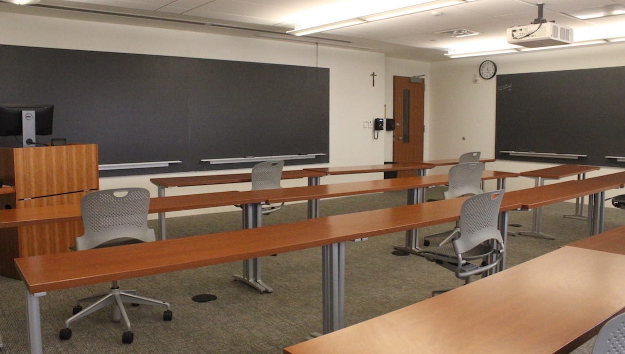 Classrooms have been adjusted to meet social distancing recommendations for the University to safely return to face-to-face instruction for the fall semester. The spacing allows for safe distancing between students, as well as the faculty instructor.