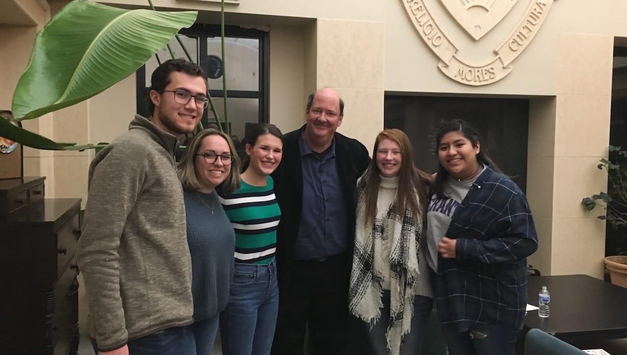 University of Scranton students were among those interviewed in January by NBC’s The Office cast member Brain Baumgartner (Kevin) for a History of The Office podcast airing on Spotify. From left, Conor Nealon, Adrianna Smith, Claire Sunday, Baumgartner, Eliza Phenneger and Abril Lopez.