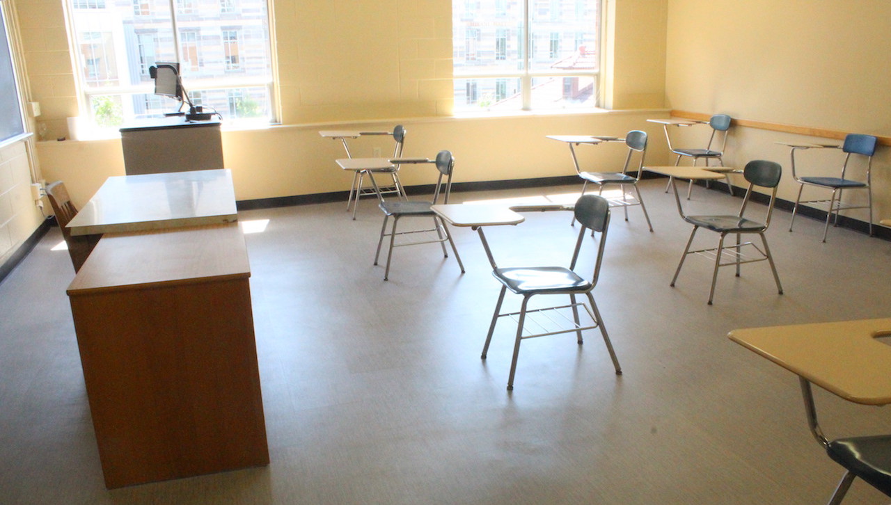 Classrooms have been adjusted to meet social distancing recommendations and hand sanitizers have been added near the doorway to classrooms. As part of Royals Safe Together, students and faculty are asked to apply hand sanitizer as they enter the class. In addition, EPA-registered disinfectant wipes will be available to students and faculty as they enter the classroom. 