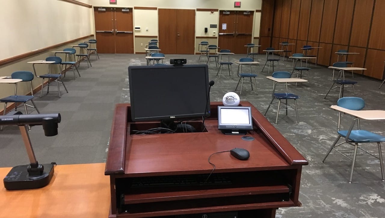 Event spaces in the DeNaples Center have been reconfigured for class instruction and to allow for social distancing recommendations between students, as well as the faculty instructor.