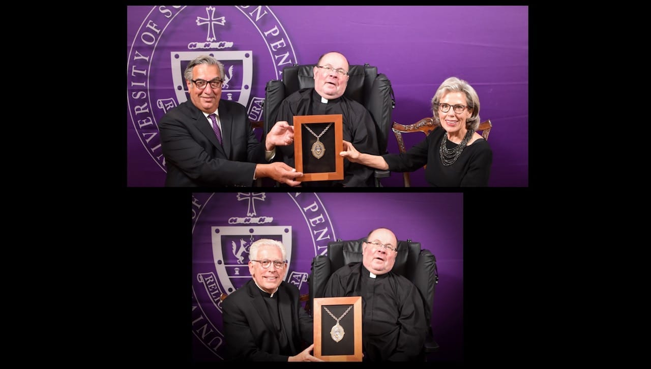 University of Scranton President Scott R. Pilarz, S.J., is pictured with 2020 President’s Medal recipients John R. Mariotti, D.M.D., ’75 (left) and Margaret “Maggie” Quinn Mariotti, Au.D., P’10 (right); and with Monsignor Joseph G. Quinn, J.D., J.C.L., ’72 (left – in a separate photo). They were honored during the virtual President’s Business Council (PBC) 19th Annual Award Celebration on Oct. 8.
