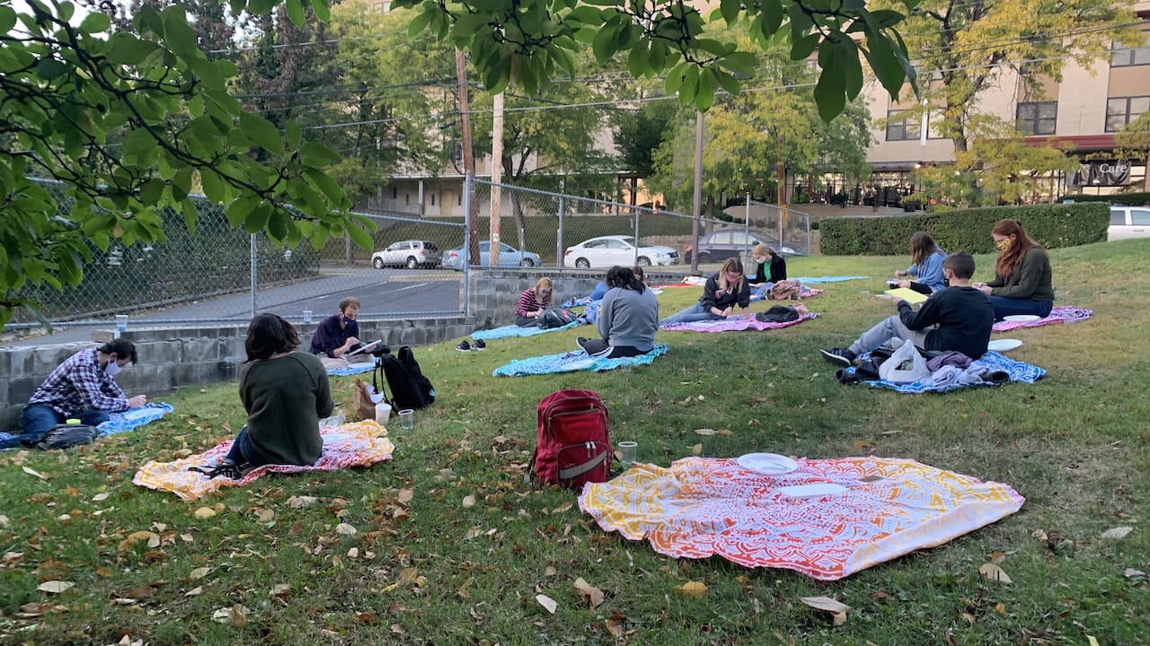 During the fall semester, Liva, a student-run musical theater club at The University of Scranton, is hosting safe, outdoor screenings of musicals and other events in the backyard of a campus house that the club uses as rehearsal space.