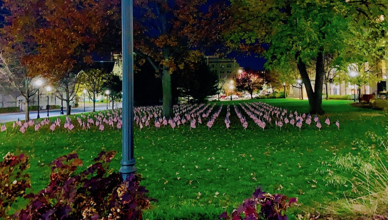The University of Scranton’s observance of Veterans Day includes a “Field of Flags” and a tribute on its Class of 2020 Gateway sign.