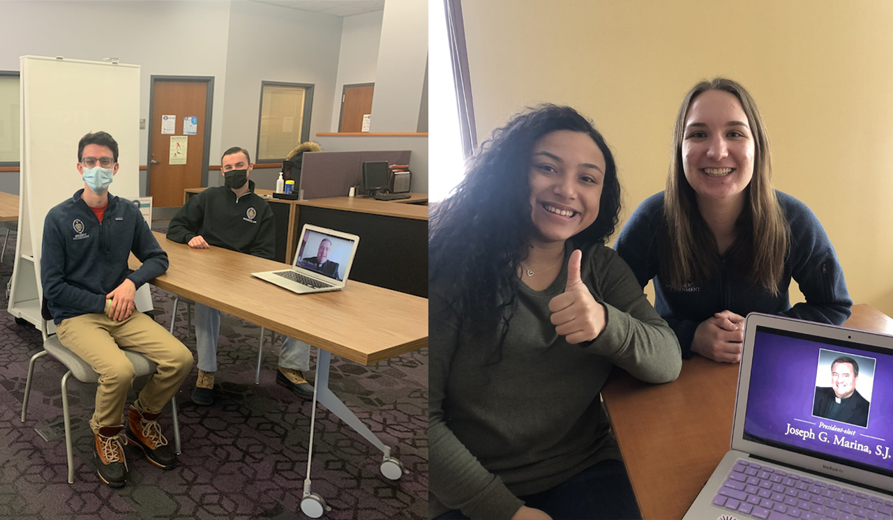 Left photo: Members of student government watch the presidential announcement in the student forum. From left: Jeffrey Colucci and Matthew Marcotte. Right photo: Taylor Roman and Julia Hack watch the presidential announcement.