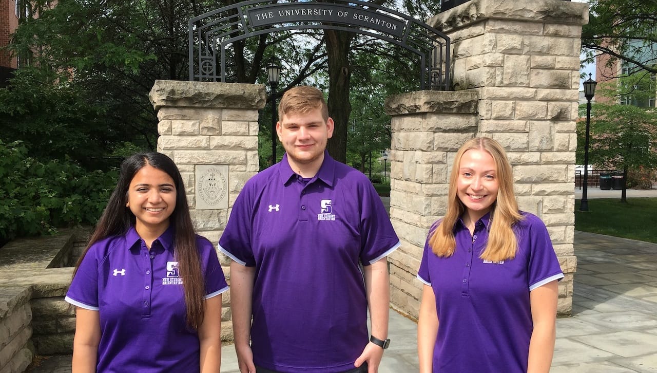 One-day, in-person summer orientation sessions for students, parents and guardians of The University of Scranton’s class of 2025 will be held on June 21, 22, 24, 25, 28, 29 and July 1 and 2. From left: student orientation leaders Hirali Patel, Michael Meyer and Mary Bunone, along with a team of student orientation assistants, University administrators, faculty and staff, will help acquaint the incoming students to Scranton.