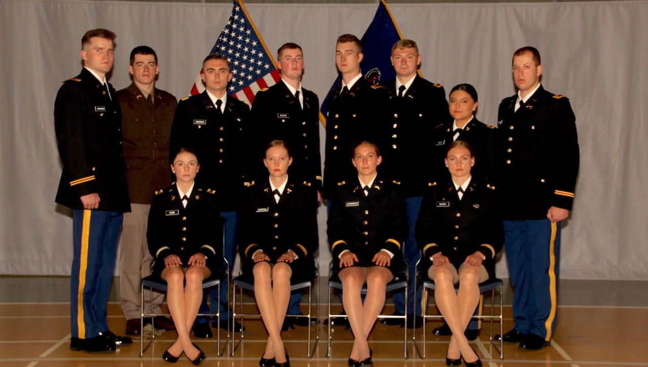 Twelve members of The University of Scranton’s Class of 2021 were among the 22 ROTC graduates from area colleges who were commissioned as second lieutenants in the U.S. Army during an in-person ceremony held May 29 in the Byron Recreation Complex on the University’s campus. Seated from left are: 2nd Lt. Kathleen Coar; 2nd Lt. Shannon Everton; 2nd Lt. Miranda Livingston; and 2nd Lt. Mackenzie Murray. Standing are: 2nd Lt. Samuel Polhemus; 2nd Lt. Alec Sullivan; 2nd Lt. Sean Gannon; 2nd Lt. Edward Burke; 2nd Lt. Jack Rickard; 2nd Lt. Kyle Wood; 2nd Lt. Diana Mesa; and 2nd Lt. Jonathan Sheehan.
