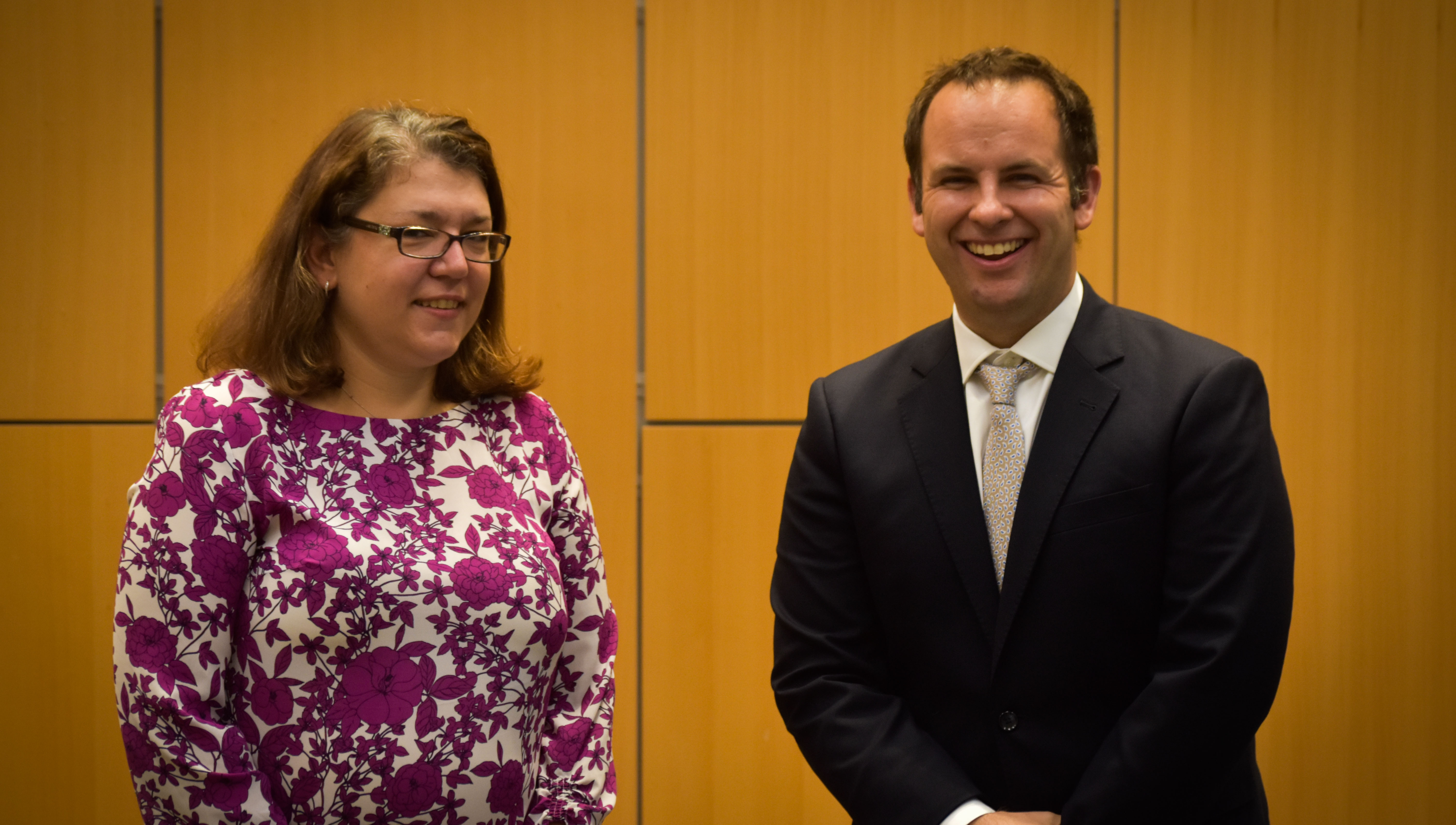 April Troy, M.D. M.P.H., F.A.A.P. ’02, then-chair of the MAC Executive Committee, shares a moment with Joseph Butash, M.D.’07, then-chair-elect of the MAC Executive Committee, at a recording session for the 2021 MAC Symposium.